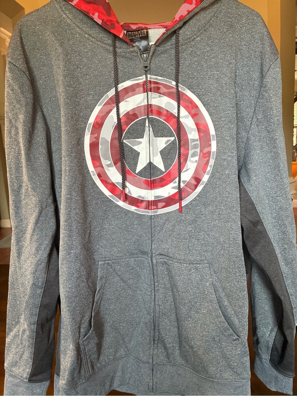 Marvel Men’s Gray Zip-Up Hoodie with Red Accented Shield